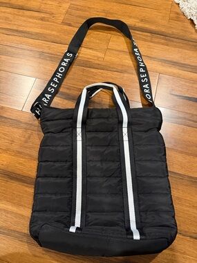 Sephora Black Quilted Tote with White-Trim Straps